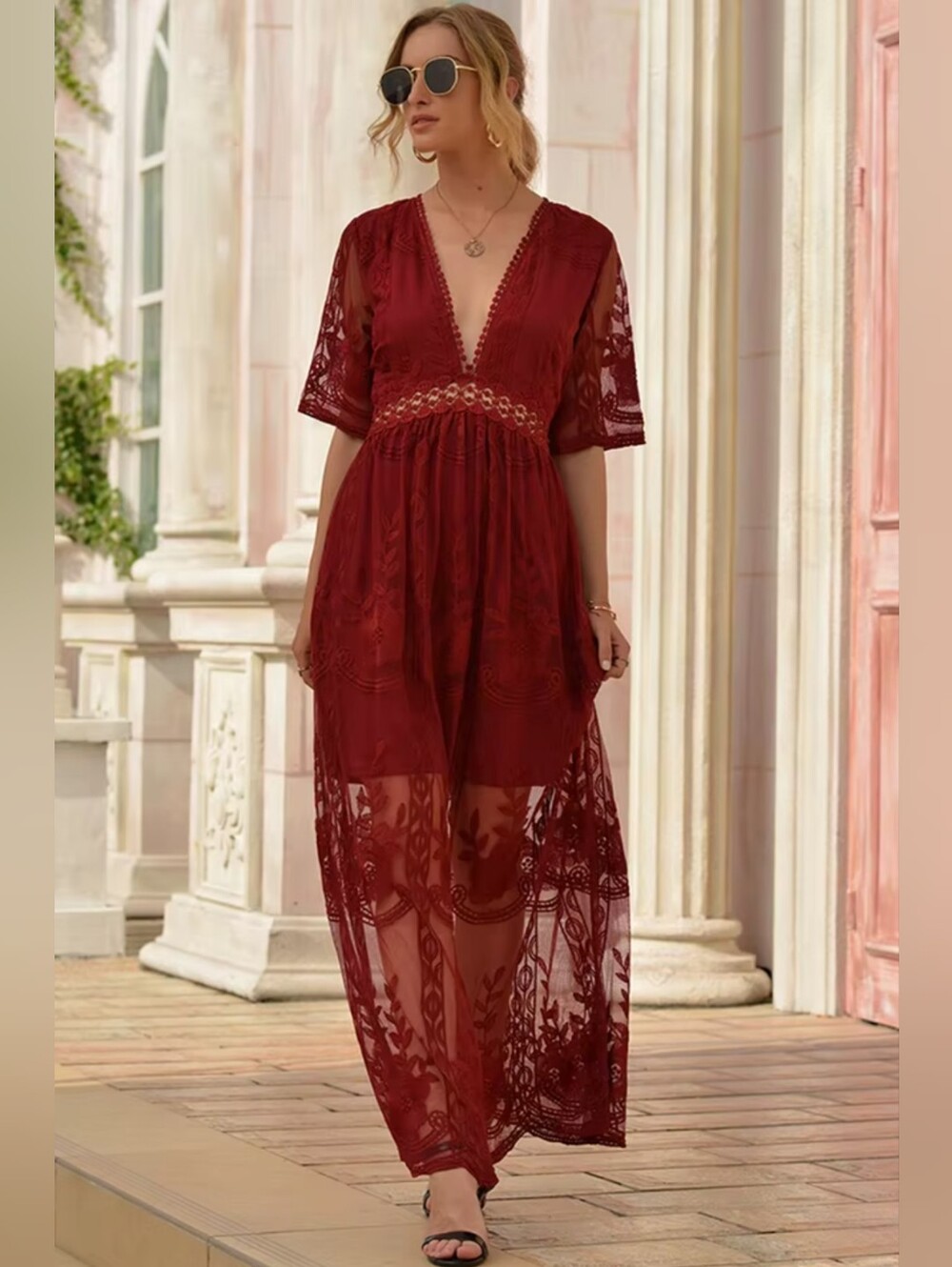 Burgundy Lace Maxi Dress Size Large
